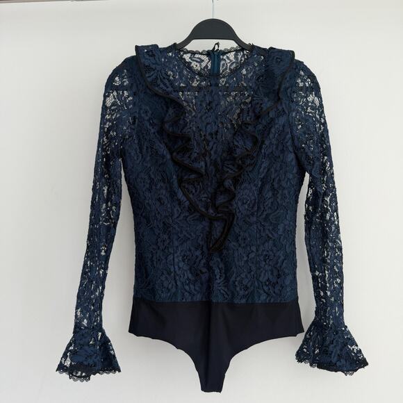 Alexis Bodysuit Womens Small Navy Lace Ruffle Pollie Illusion Long Sleeve Top - Picture 5 of 14